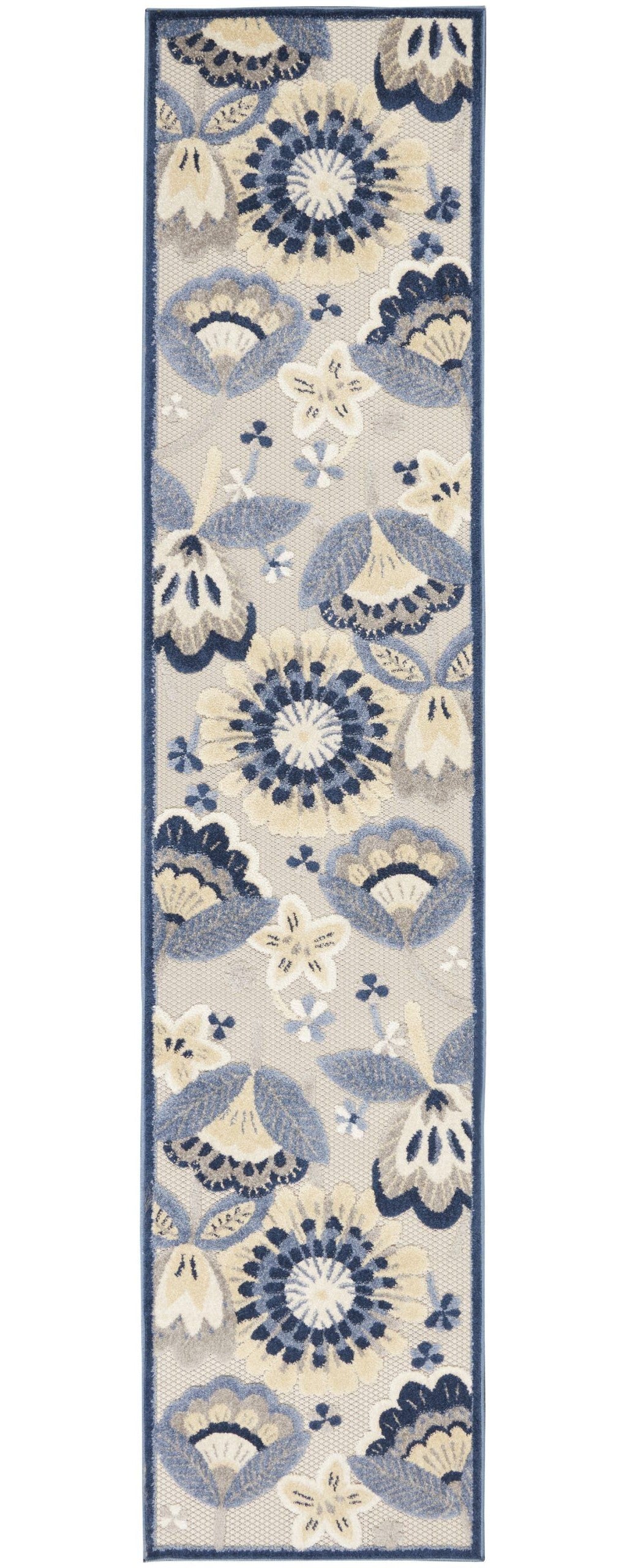 2' X 10' Blue And Grey Floral Non Skid Indoor Outdoor Runner Rug