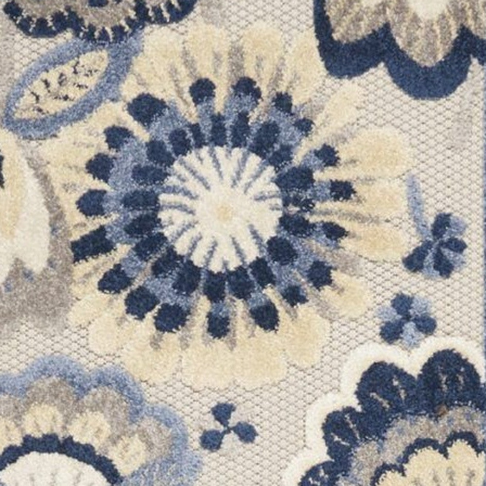 2' X 10' Blue And Grey Floral Non Skid Indoor Outdoor Runner Rug