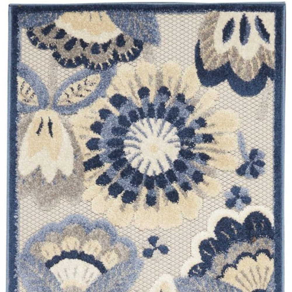 2' X 10' Blue And Grey Floral Non Skid Indoor Outdoor Runner Rug