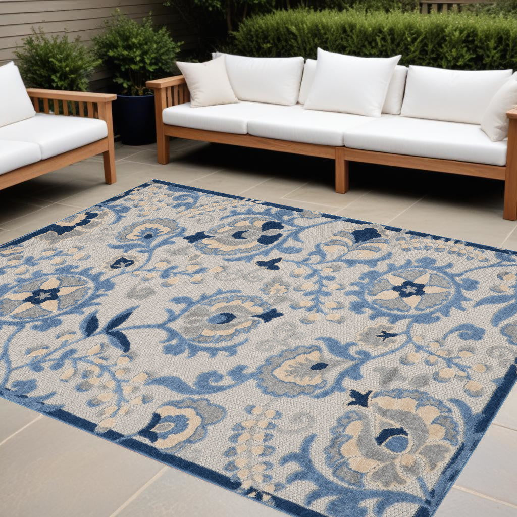 6' X 9' Blue And Grey Toile Non Skid Indoor Outdoor Area Rug