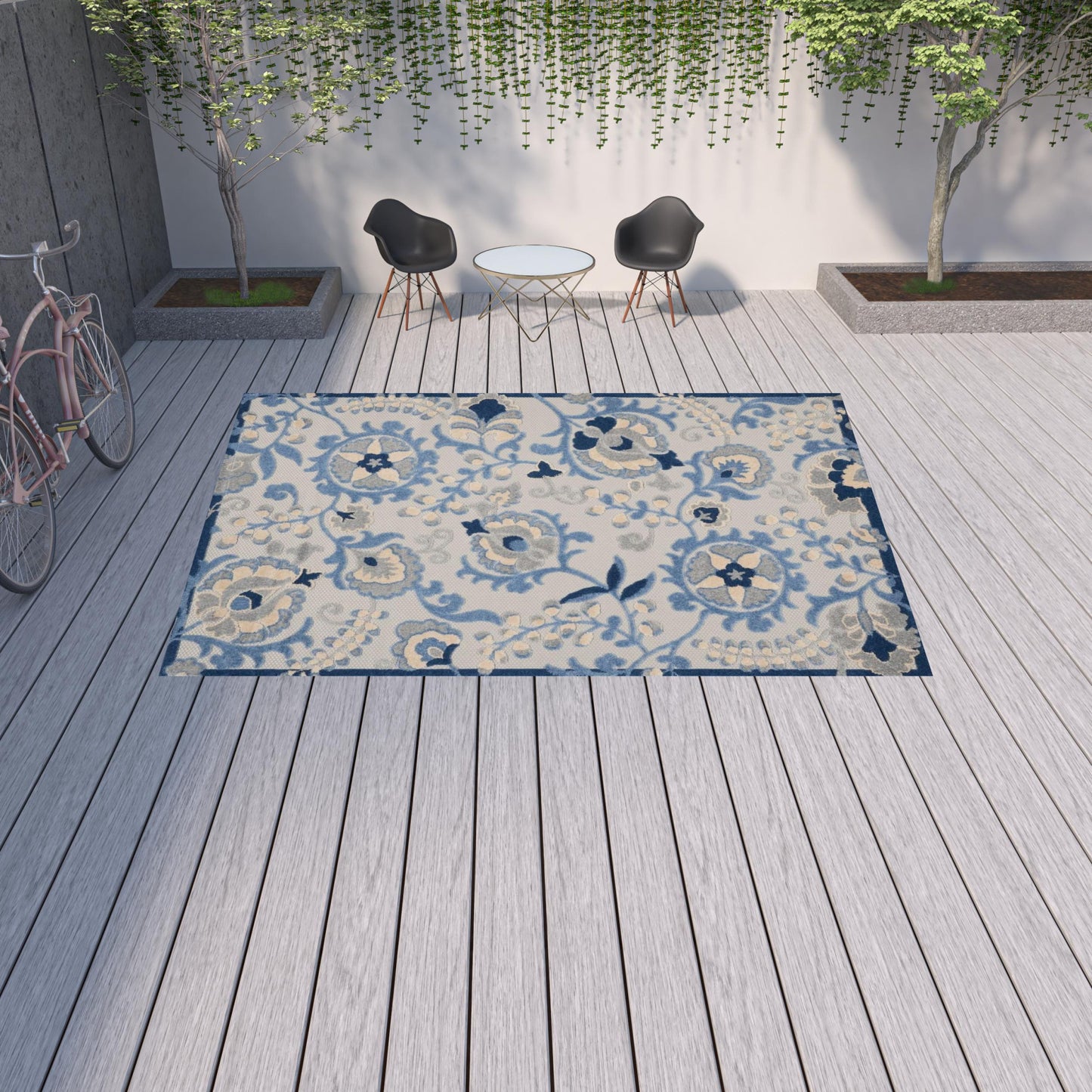 10' X 13' Blue And Grey Toile Non Skid Indoor Outdoor Area Rug