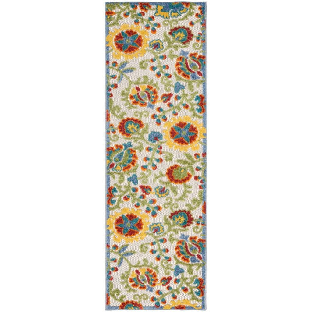 2' X 6' Ivory Green Yellow Floral Non Skid Indoor Outdoor Runner Rug