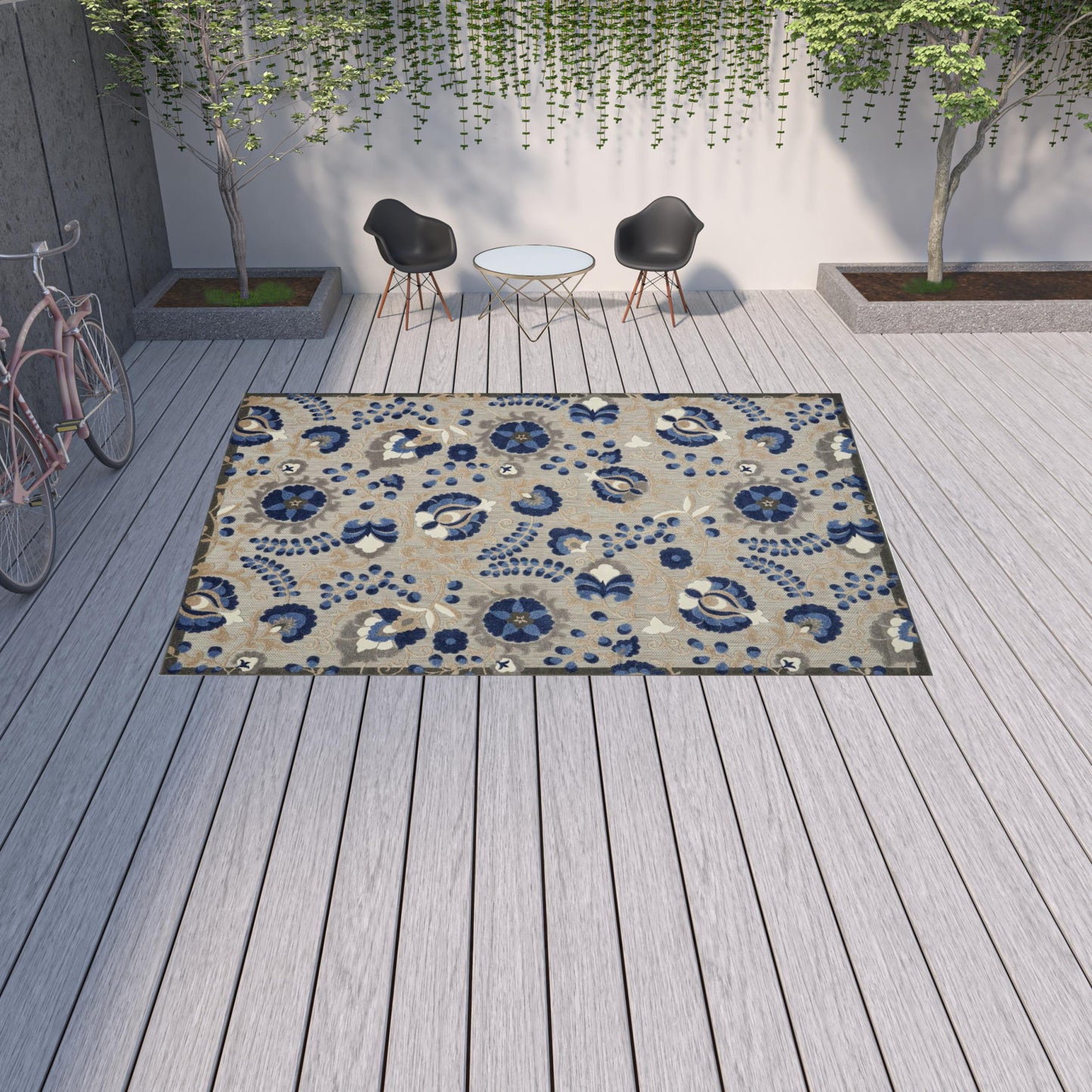 10' X 13' Natural And Blue Toile Non Skid Indoor Outdoor Area Rug