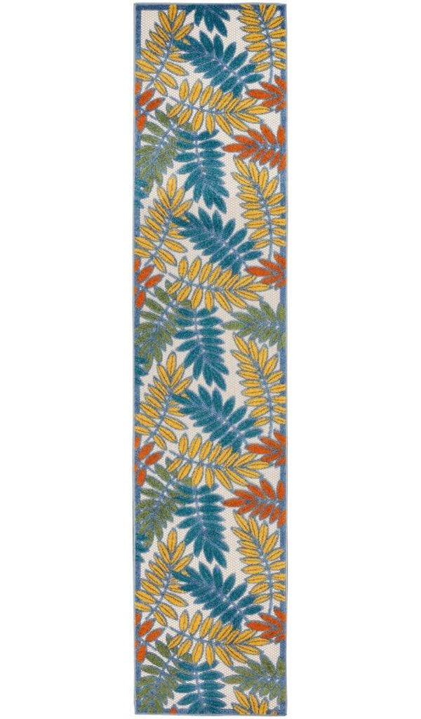 2' X 12' Ivory Teal And Gold Floral Non Skid Indoor Outdoor Runner Rug