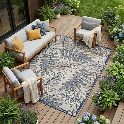 12' X 15' Ivory And Blue Indoor Outdoor Area Rug