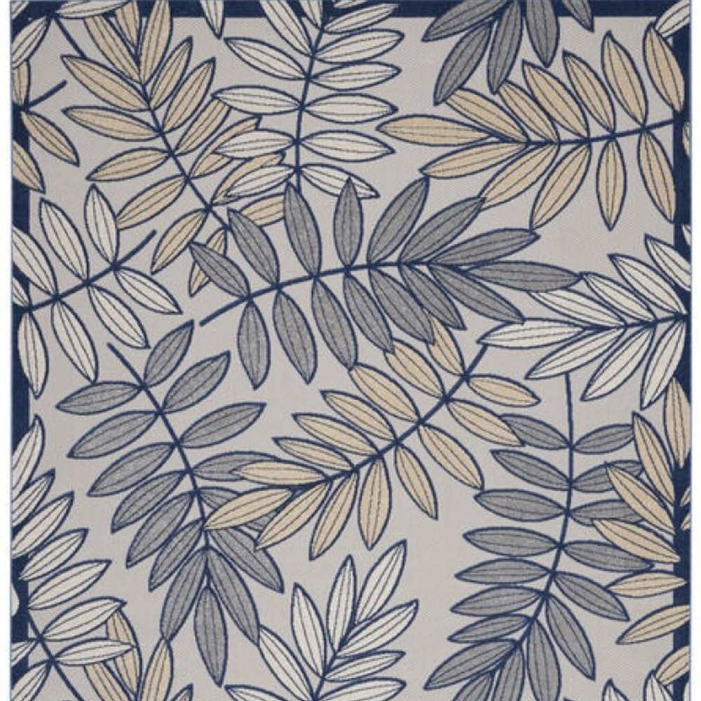 12' X 15' Ivory And Navy Floral Non Skid Indoor Outdoor Area Rug