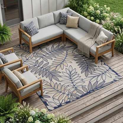 12' X 15' Ivory And Blue Indoor Outdoor Area Rug