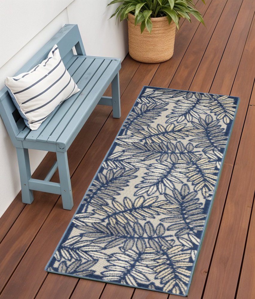 6' Ivory And Blue Indoor Outdoor Runner Rug
