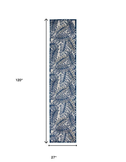 10' Ivory And Blue Indoor Outdoor Runner Rug