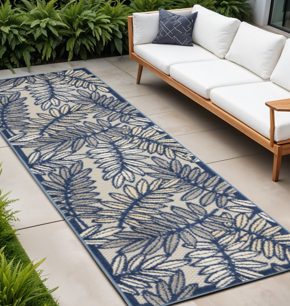 12' Ivory And Blue Indoor Outdoor Runner Rug