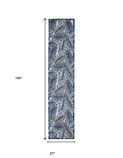 12' Ivory And Blue Indoor Outdoor Runner Rug