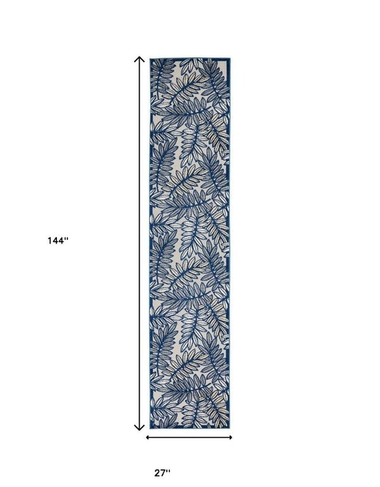 12' Ivory And Blue Indoor Outdoor Runner Rug