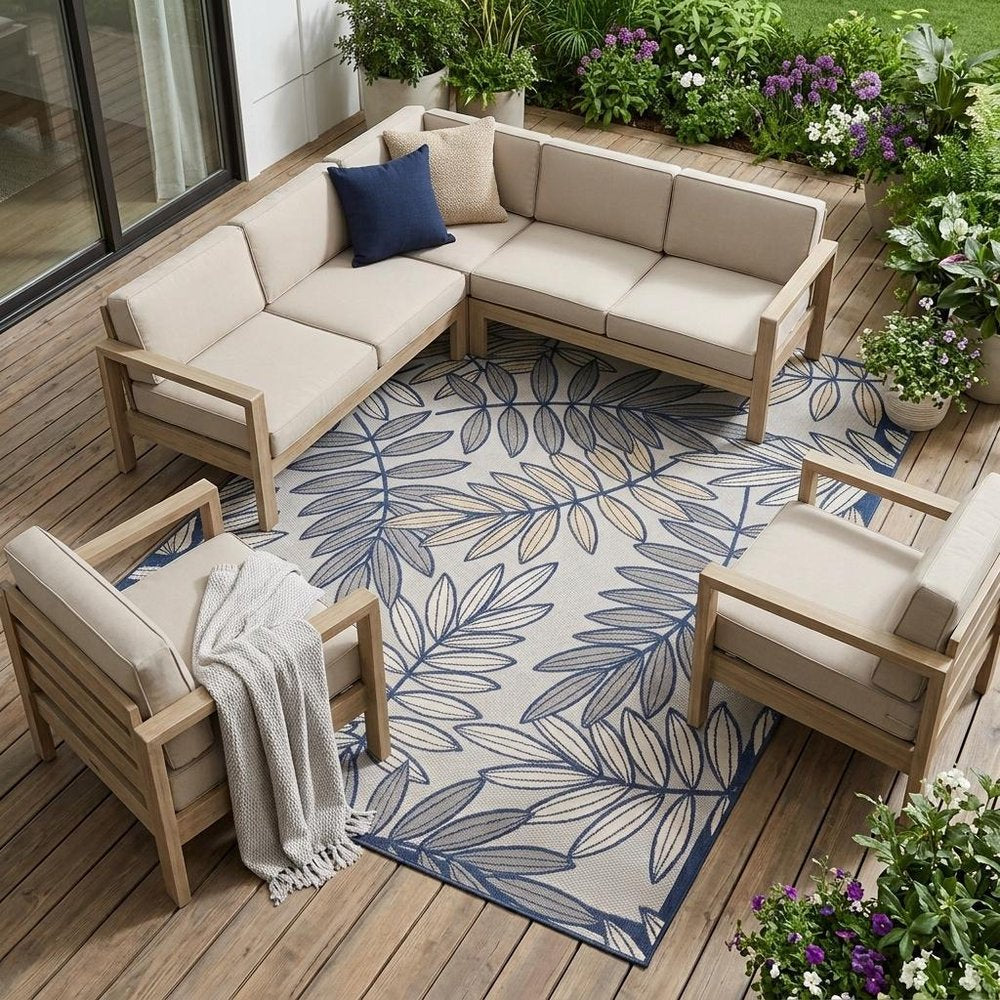 9' X 12' Ivory And Blue Indoor Outdoor Area Rug