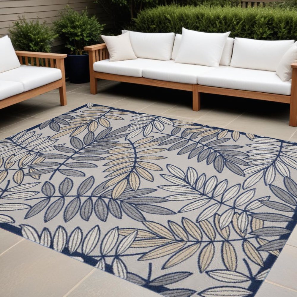 9' X 12' Ivory And Blue Indoor Outdoor Area Rug
