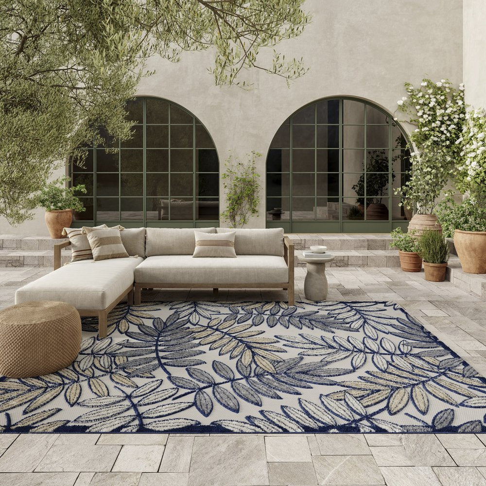 9' X 12' Ivory And Blue Indoor Outdoor Area Rug