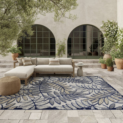 9' X 12' Ivory And Blue Indoor Outdoor Area Rug