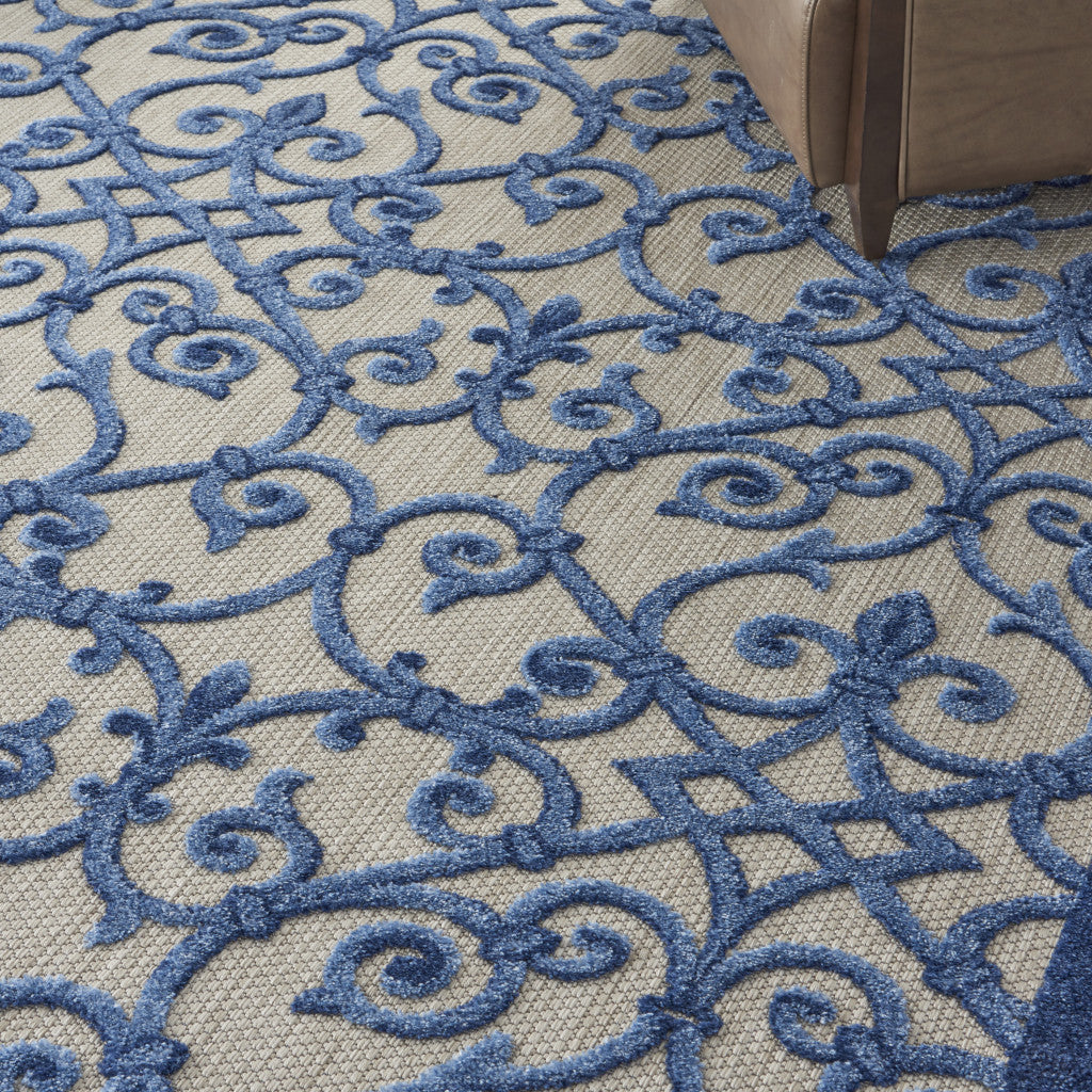 10' X 13' Grey And Blue Damask Non Skid Indoor Outdoor Area Rug