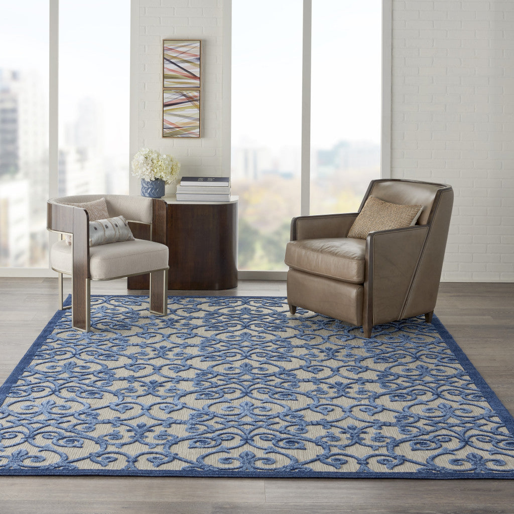 10' X 13' Grey And Blue Damask Non Skid Indoor Outdoor Area Rug