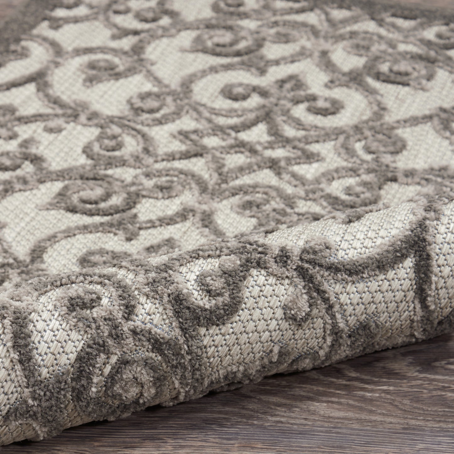 10' X 13' Grey And Charcoal Damask Non Skid Indoor Outdoor Area Rug