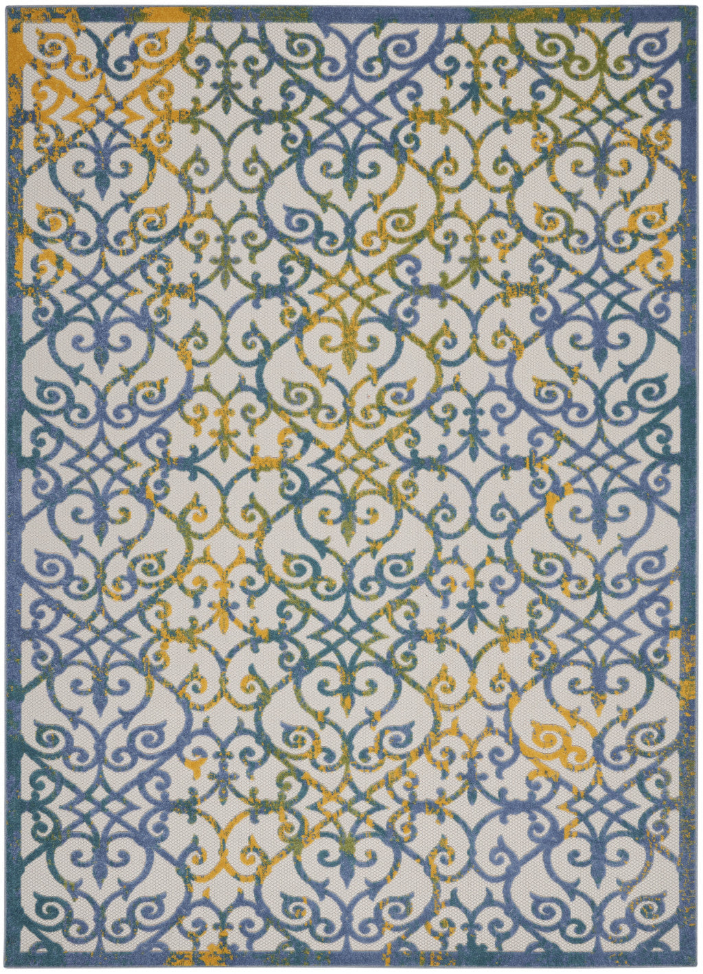 12' X 15' Ivory And Blue Damask Non Skid Indoor Outdoor Area Rug