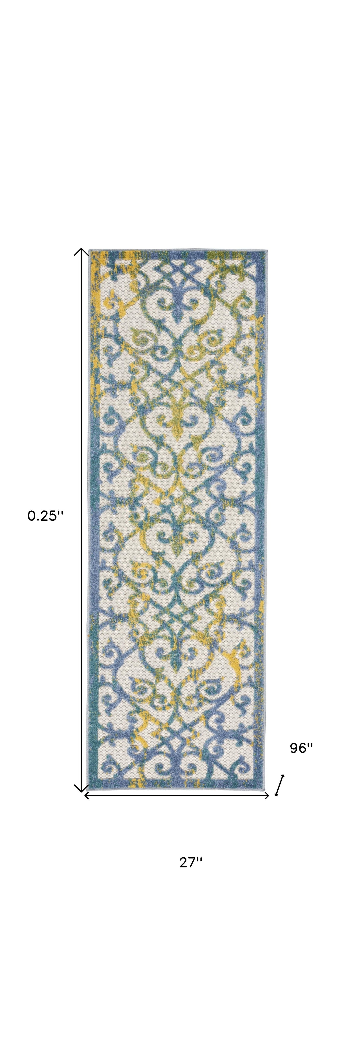 2' X 8' Ivory And Blue Damask Non Skid Indoor Outdoor Runner Rug