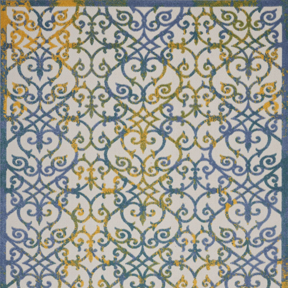 9' X 12' Ivory And Blue Damask Non Skid Indoor Outdoor Area Rug