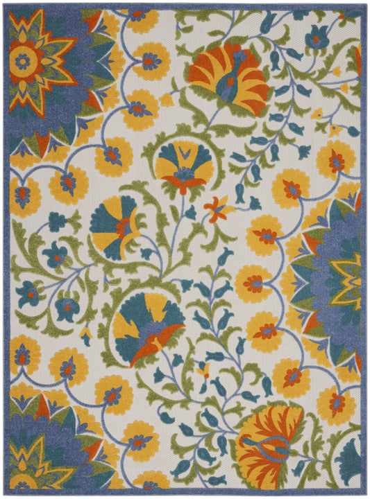 9' X 12' Blue Yellow And White Toile Non Skid Indoor Outdoor Area Rug