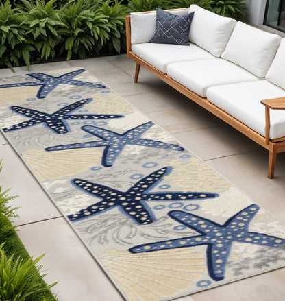 10' Blue And Gray Indoor Outdoor Runner Rug