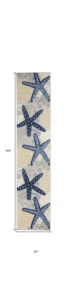 12' Blue And Gray Nautical Indoor Outdoor Runner Rug