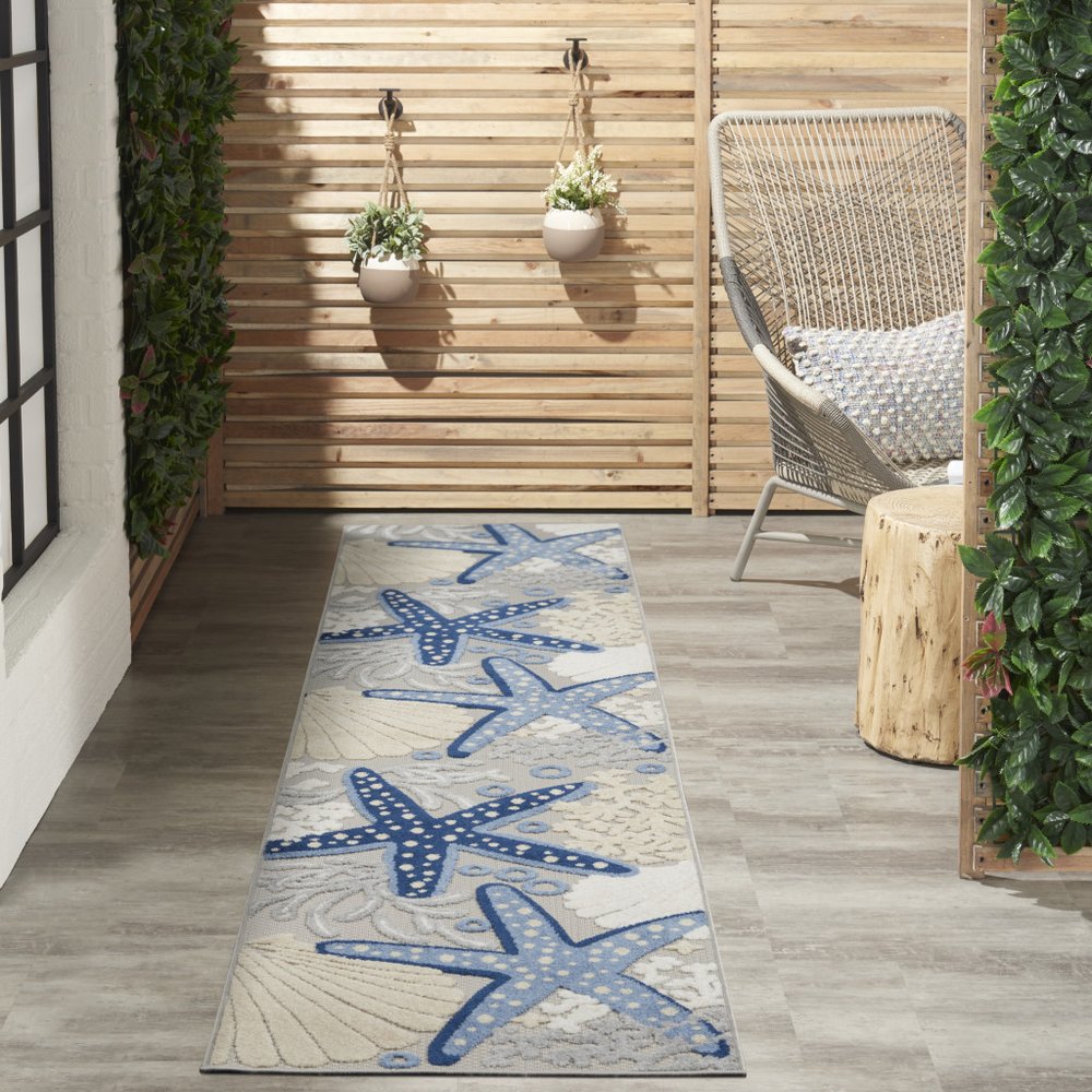 12' Blue And Gray Nautical Indoor Outdoor Runner Rug