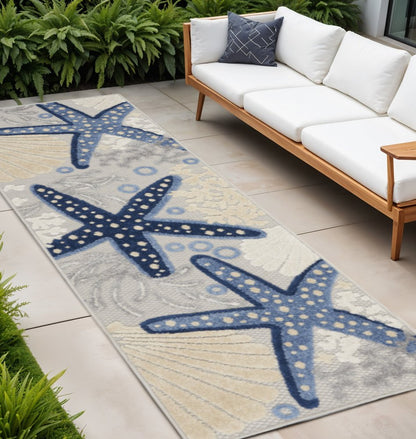 8' Blue And Gray Indoor Outdoor Runner Rug