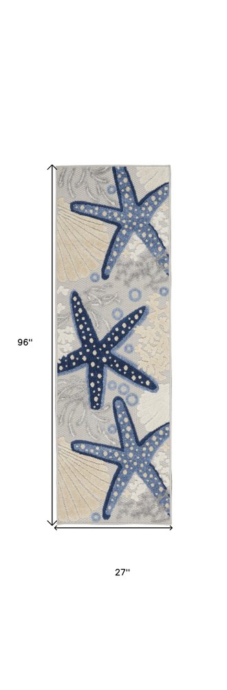 8' Blue And Gray Indoor Outdoor Runner Rug