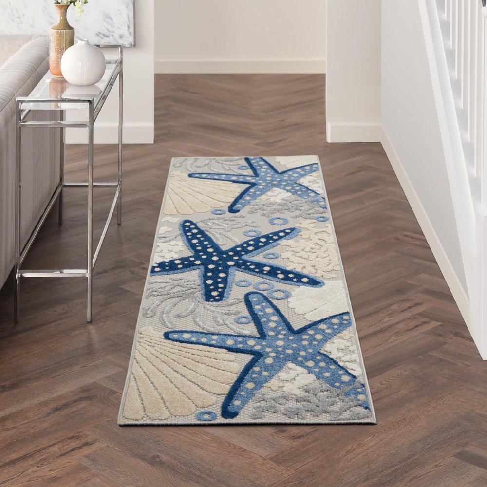 8' Blue And Gray Indoor Outdoor Runner Rug