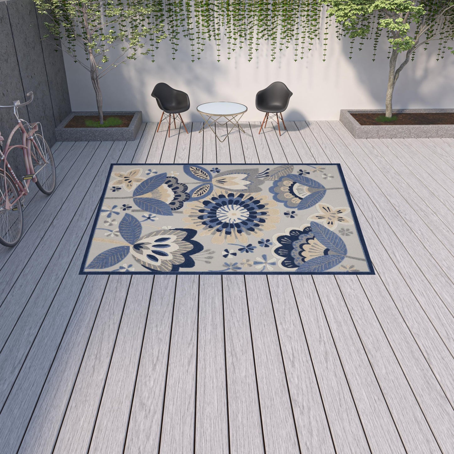 9' X 12' Blue And Grey Floral Non Skid Indoor Outdoor Area Rug