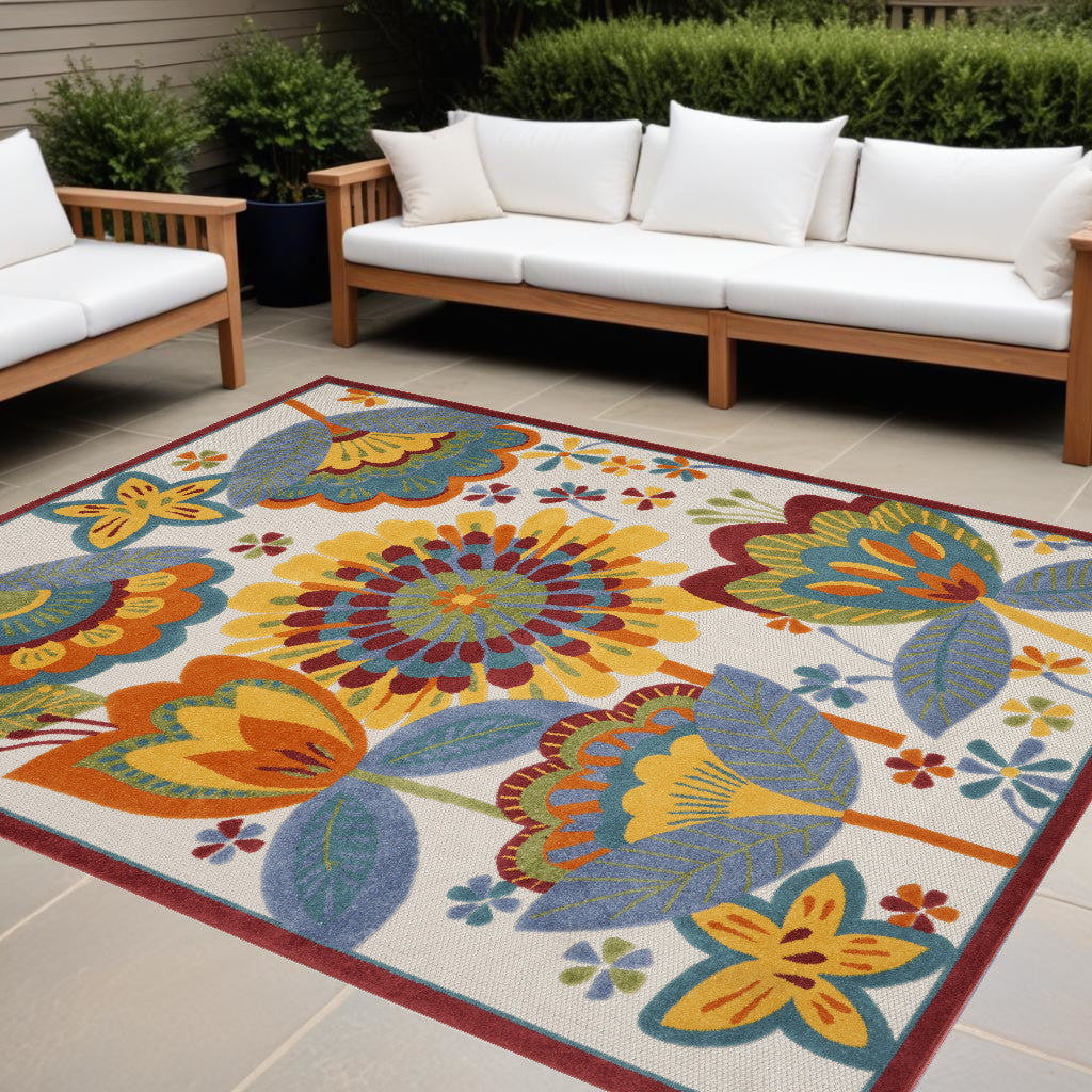 12' X 15' White Yellow And Blue Floral Non Skid Indoor Outdoor Area Rug