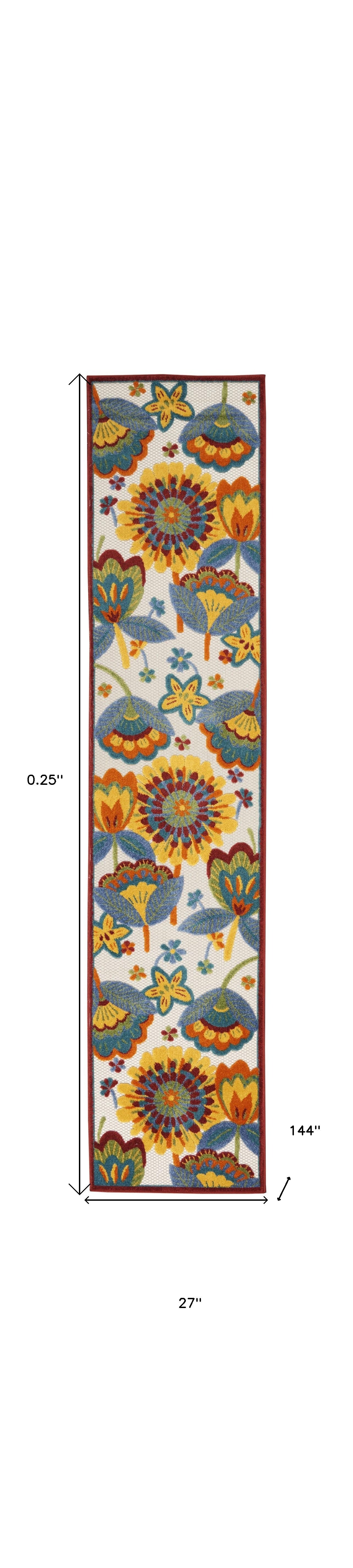 2' X 12' White Yellow And Blue Floral Non Skid Indoor Outdoor Runner Rug