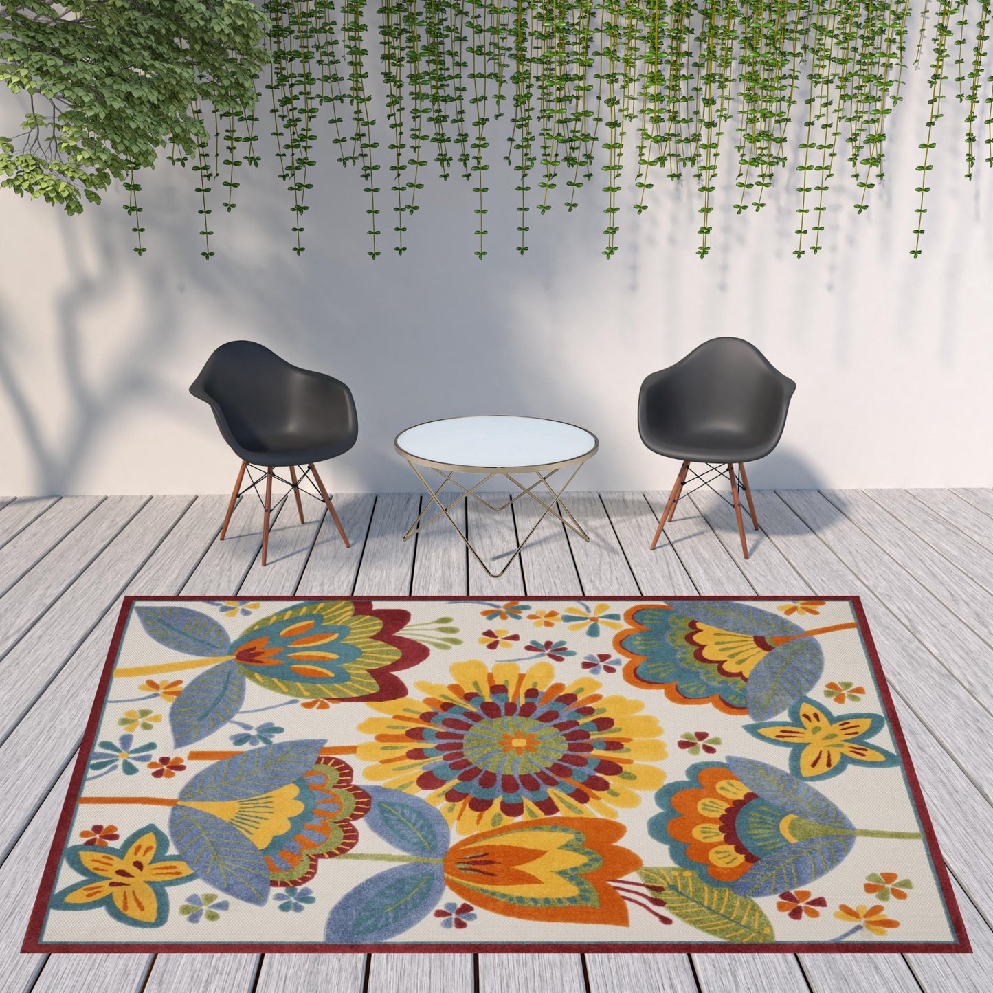 9' X 12' White Yellow And Blue Floral Non Skid Indoor Outdoor Area Rug