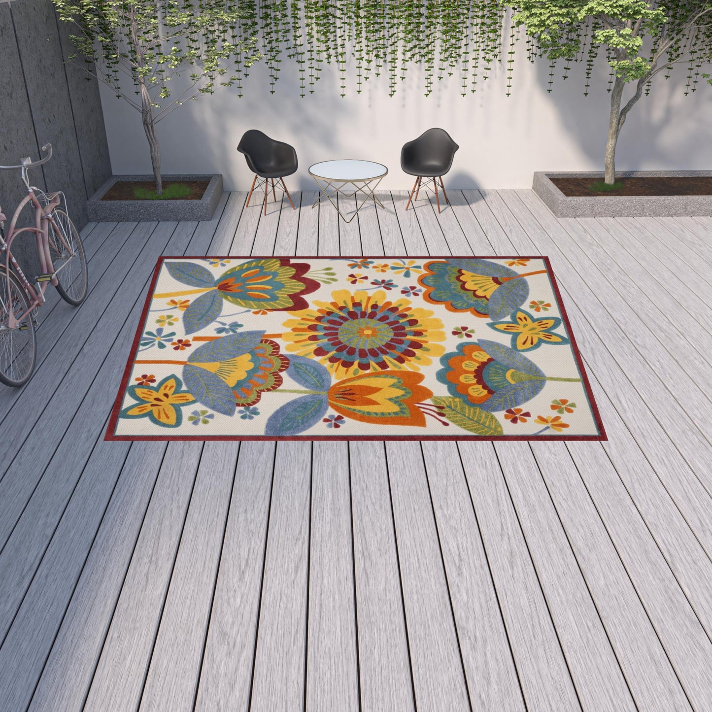 10' X 13' White Yellow And Blue Floral Non Skid Indoor Outdoor Area Rug