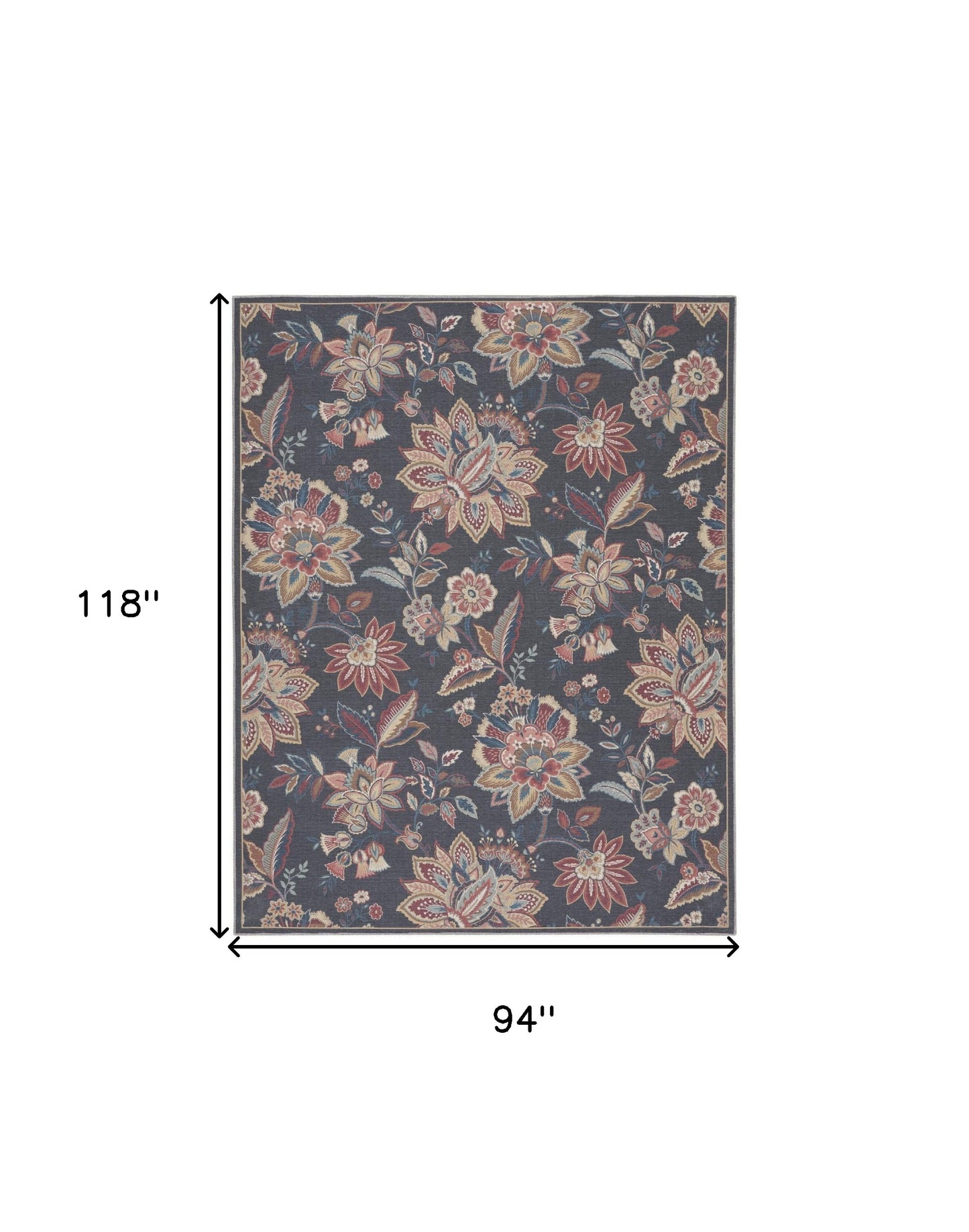 8' X 10' Charcoal Floral Distressed Washable Area Rug