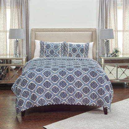 Blue And Ivory Damask Queen Quilt