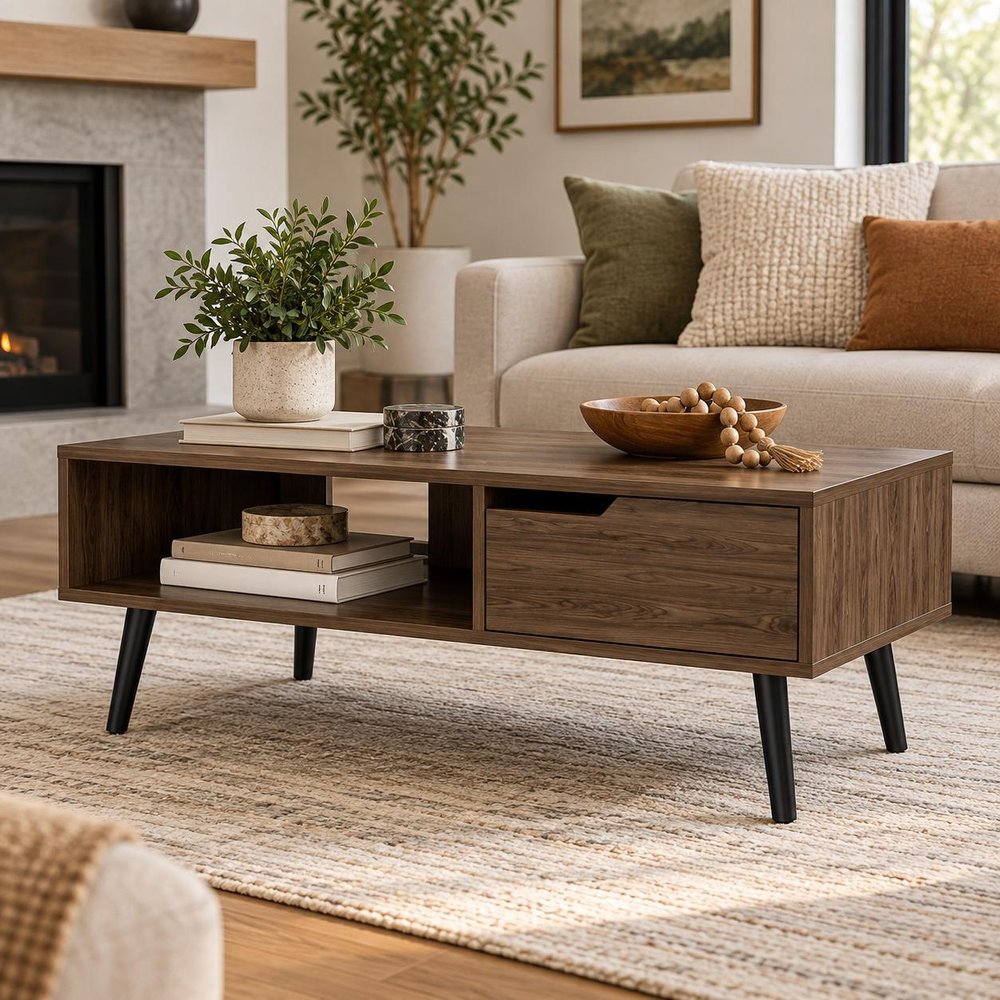 40" Brown And Black Coffee Table With Drawer And Shelf