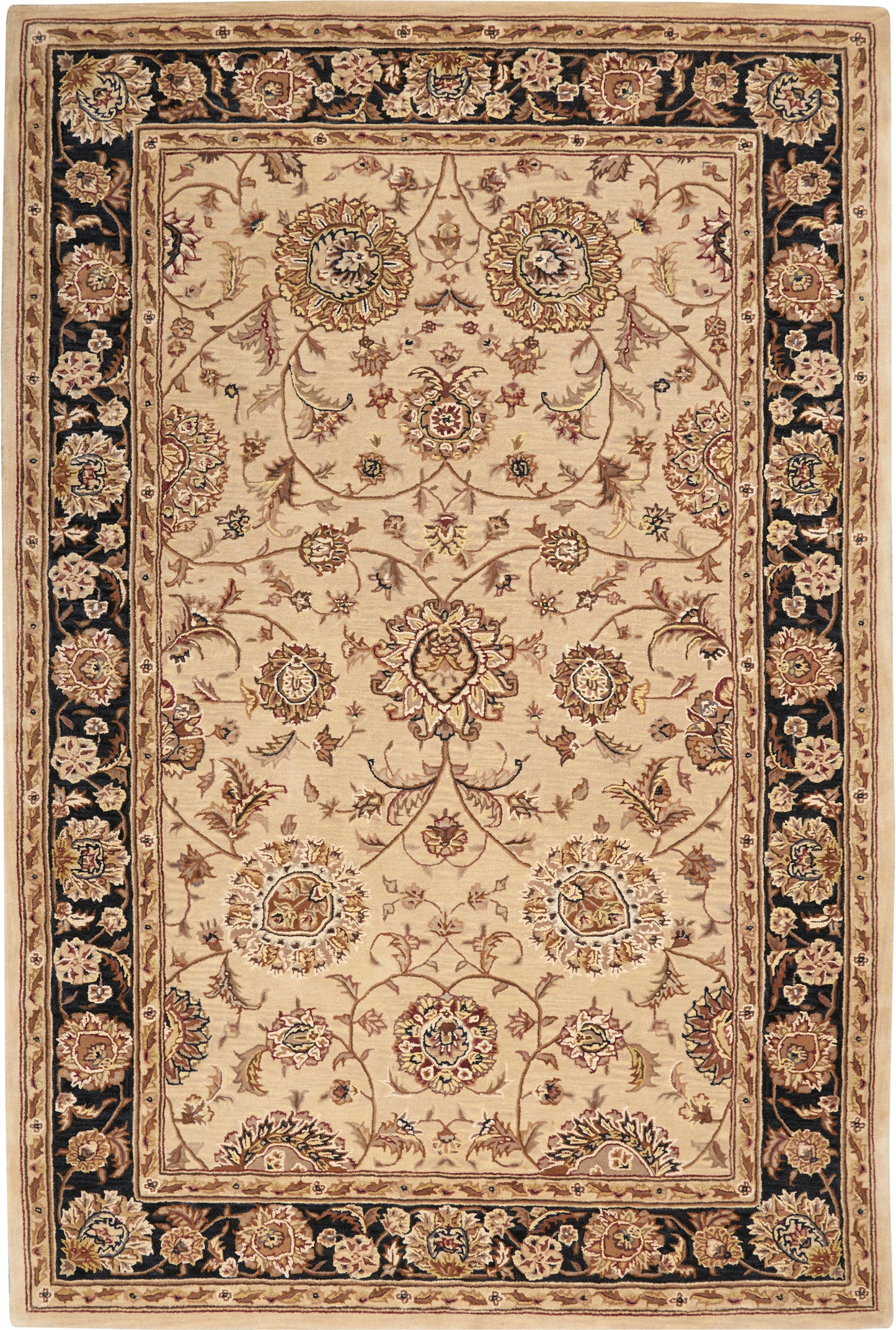 Rectangular Persian-style area rug with beige field, ornate floral medallions, and dark navy border with gold accents