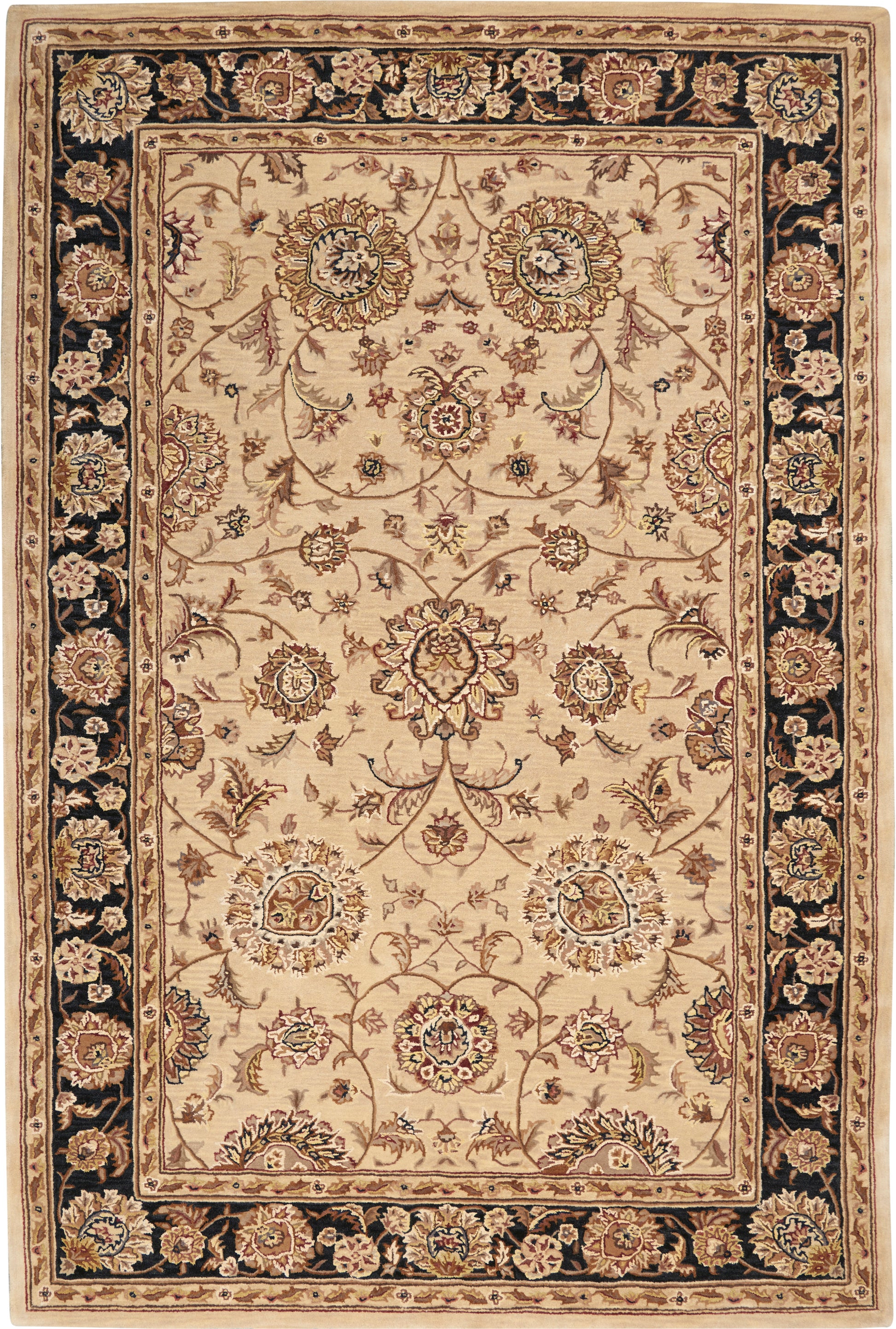 Rectangular Persian-style area rug with beige field, ornate floral medallions, and dark navy border with gold accents