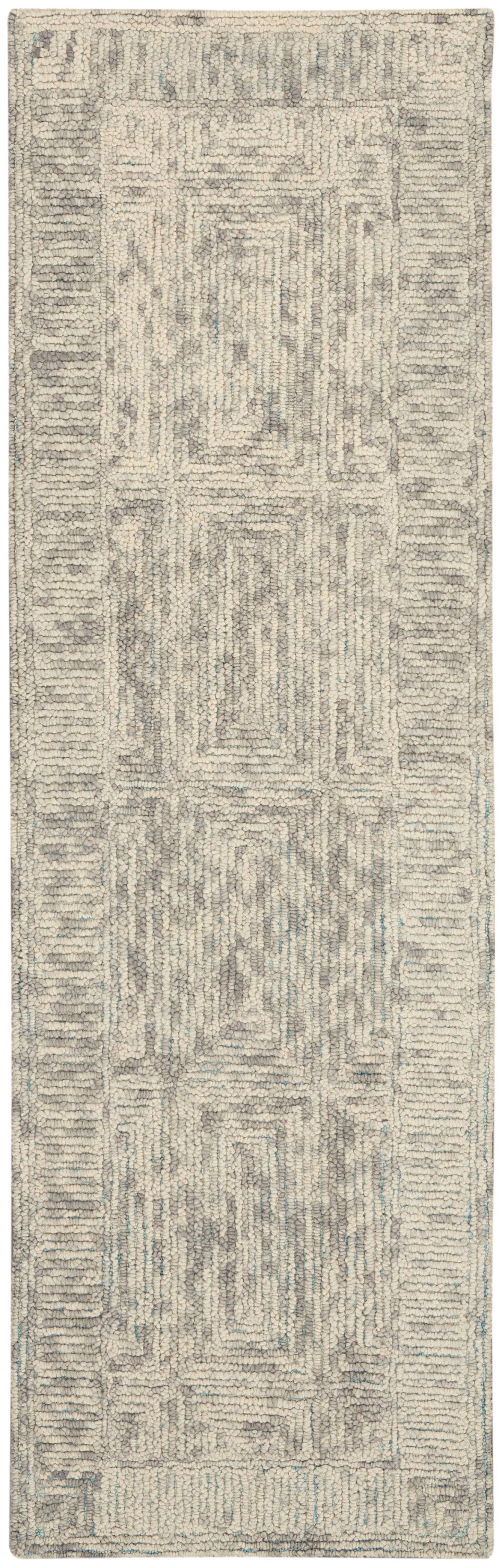 Neutral cream & gray geometric runner rug with plush shag pile and subtle blue accents.