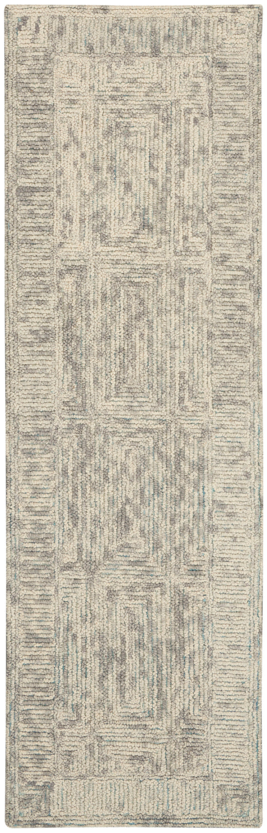 Neutral cream & gray geometric runner rug with plush shag pile and subtle blue accents.