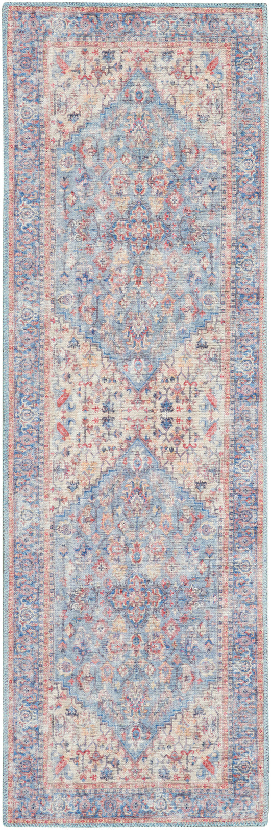 Blue and ivory oriental runner rug with pink accents, floral medallion motifs and distressed vintage look.