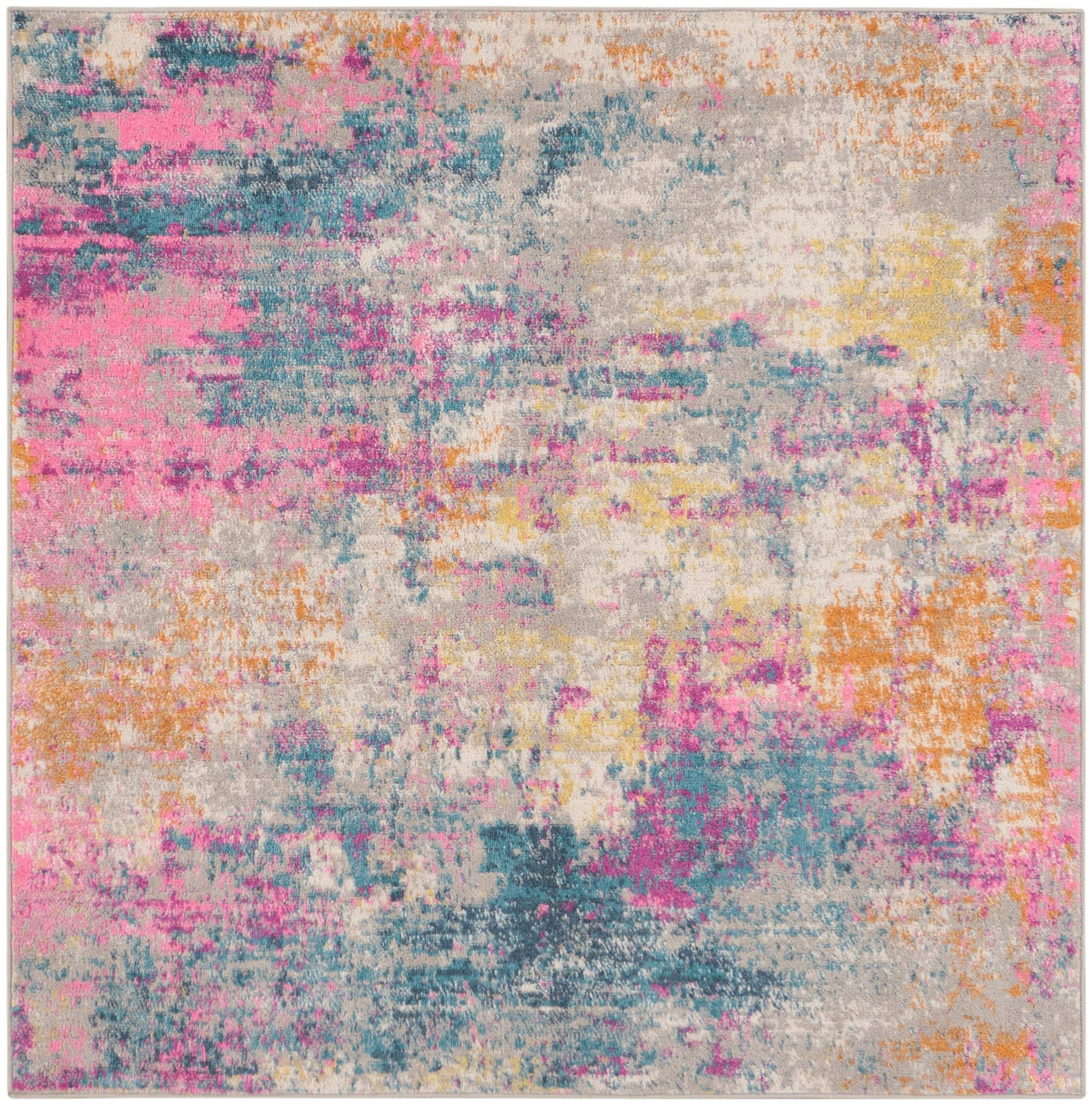 Rectangular abstract area rug with pink, teal, orange and cream blotches in a distressed painterly pattern.