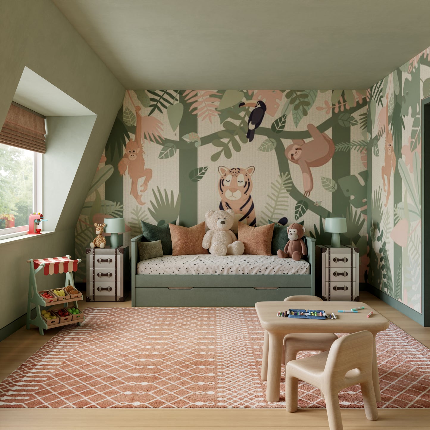Pastel green jungle-themed kids' room with wall mural, green daybed, stuffed animals, two nightstands, and peach rug.