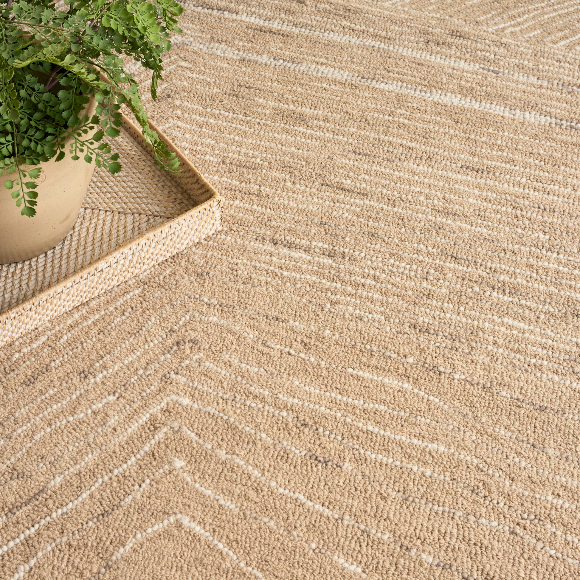 Natural jute rug with white chevron stripes; 9' x 12' rug, with a potted plant nearby.