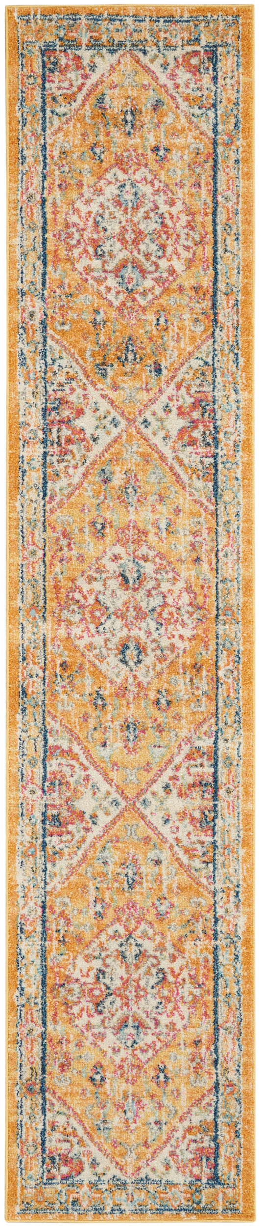 Narrow vintage-style oriental runner rug in warm gold, pink and blue with diamond medallions.